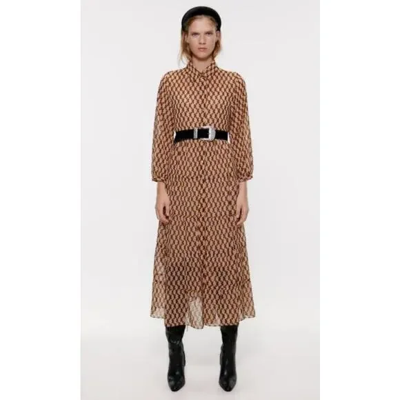 Zara Geometric Print Maxi Dress Sheer Long Sleeve Size Medium Indie Boho Twee - Picture 9 of 9